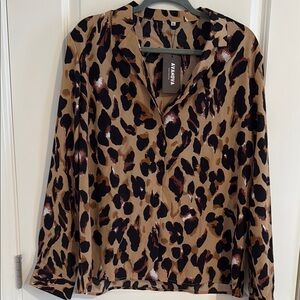 Brown and Black Graphic Relaxed Blouse with Notched Collar